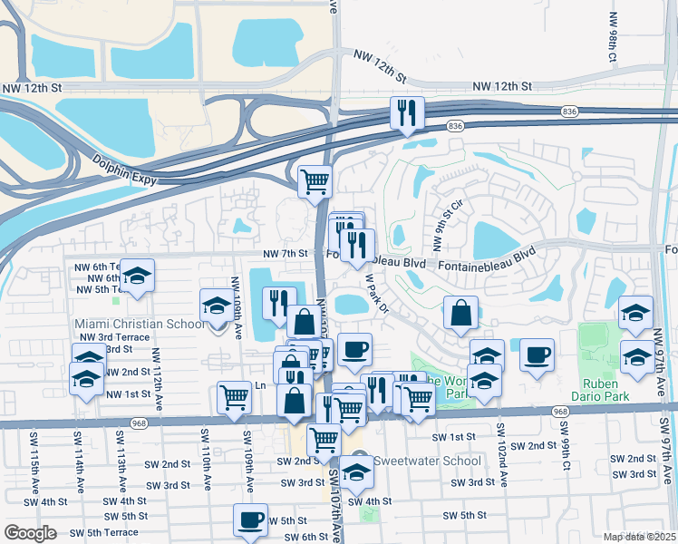map of restaurants, bars, coffee shops, grocery stores, and more near 601649 Northwest 107th Avenue in Miami