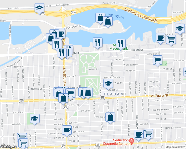 map of restaurants, bars, coffee shops, grocery stores, and more near 5365 Northwest 3rd Street in Miami