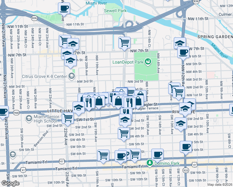 map of restaurants, bars, coffee shops, grocery stores, and more near 90 Northwest 17th Place in Miami