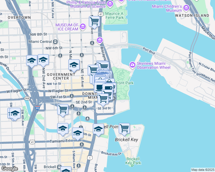 map of restaurants, bars, coffee shops, grocery stores, and more near 50 Biscayne Boulevard in Miami
