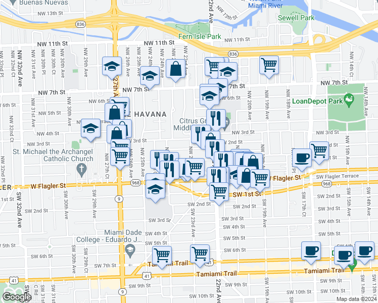 map of restaurants, bars, coffee shops, grocery stores, and more near 140 Northwest 23rd Avenue in Miami