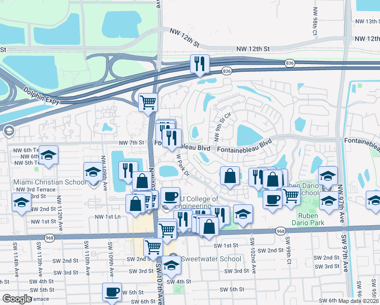 map of restaurants, bars, coffee shops, grocery stores, and more near 655 West Park Drive in Miami