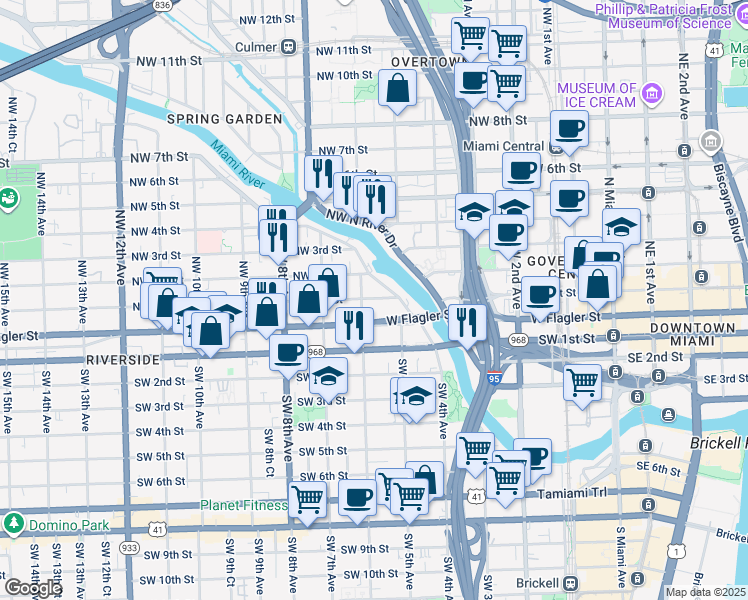 map of restaurants, bars, coffee shops, grocery stores, and more near 530 Northwest 1st Street in Miami