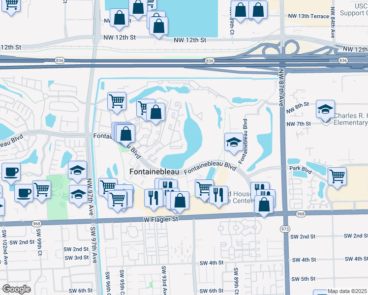 map of restaurants, bars, coffee shops, grocery stores, and more near 9139 Fontainebleau Boulevard in Miami