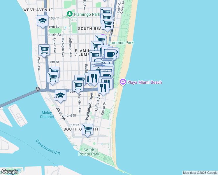 map of restaurants, bars, coffee shops, grocery stores, and more near 458 Ocean Drive in Miami Beach