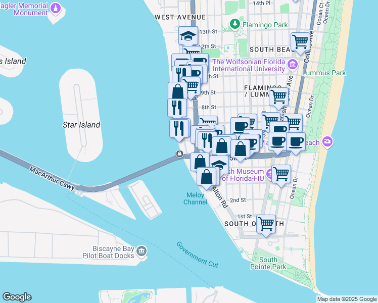 map of restaurants, bars, coffee shops, grocery stores, and more near in Miami Beach