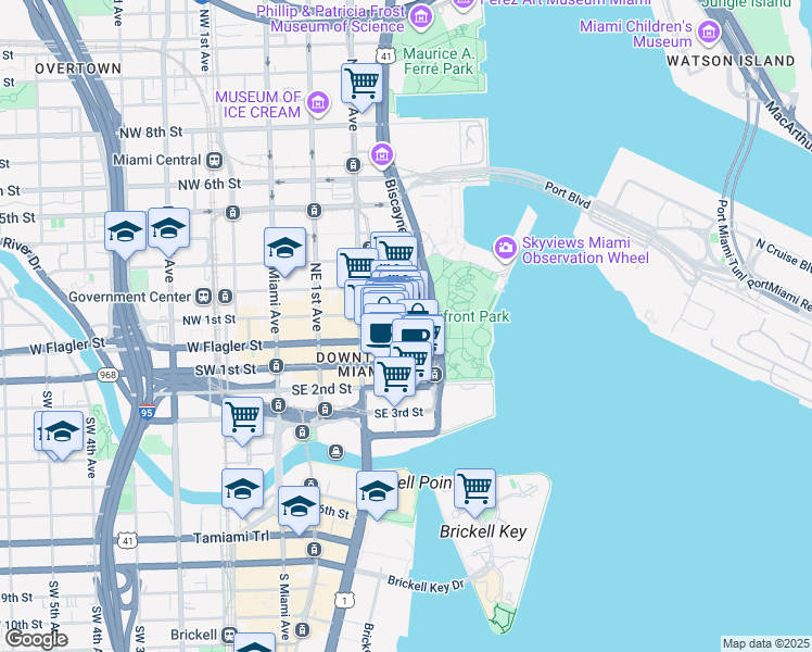 map of restaurants, bars, coffee shops, grocery stores, and more near 3 Northeast 3rd Avenue in Miami