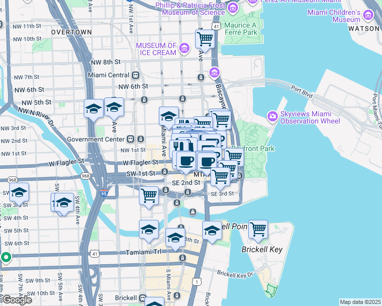 map of restaurants, bars, coffee shops, grocery stores, and more near 119 East Flagler Street in Miami