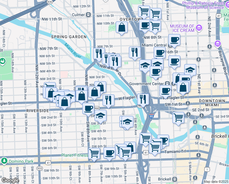 map of restaurants, bars, coffee shops, grocery stores, and more near 530 Northwest 1st Street in Miami