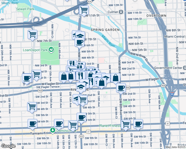 map of restaurants, bars, coffee shops, grocery stores, and more near 1055 Northwest 1st Street in Miami