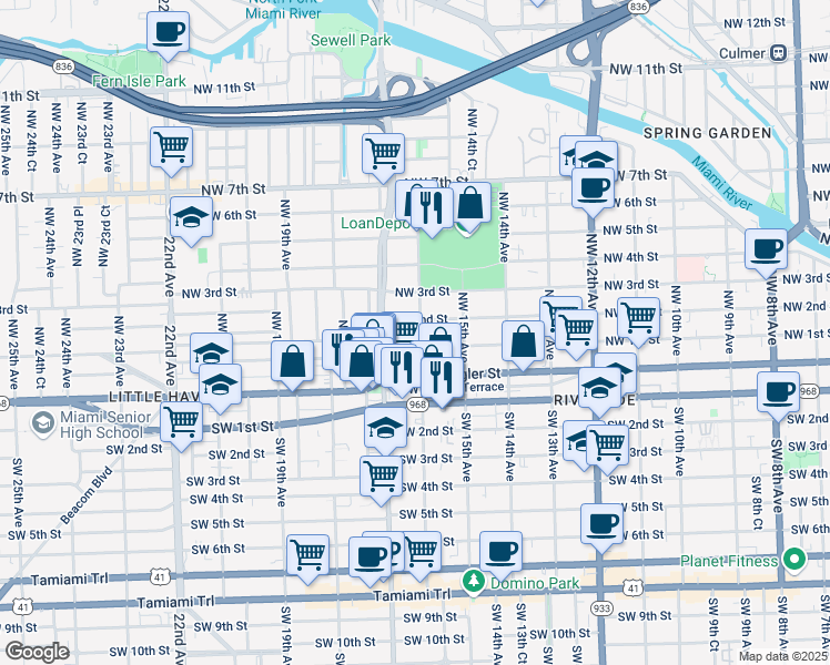 map of restaurants, bars, coffee shops, grocery stores, and more near 100 Northwest 16th Avenue in Miami