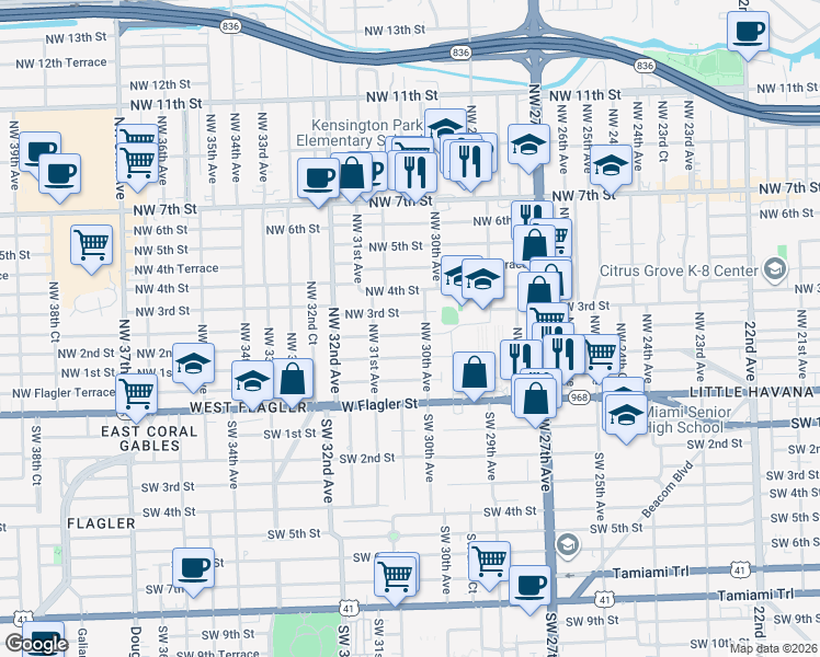 map of restaurants, bars, coffee shops, grocery stores, and more near 140 Northwest 30th Avenue in Miami