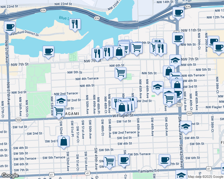 map of restaurants, bars, coffee shops, grocery stores, and more near 260 Northwest 48th Avenue in Miami