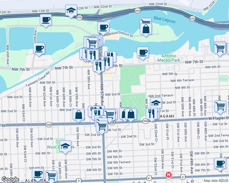 map of restaurants, bars, coffee shops, grocery stores, and more near 5525 Northwest 3rd Street in Miami