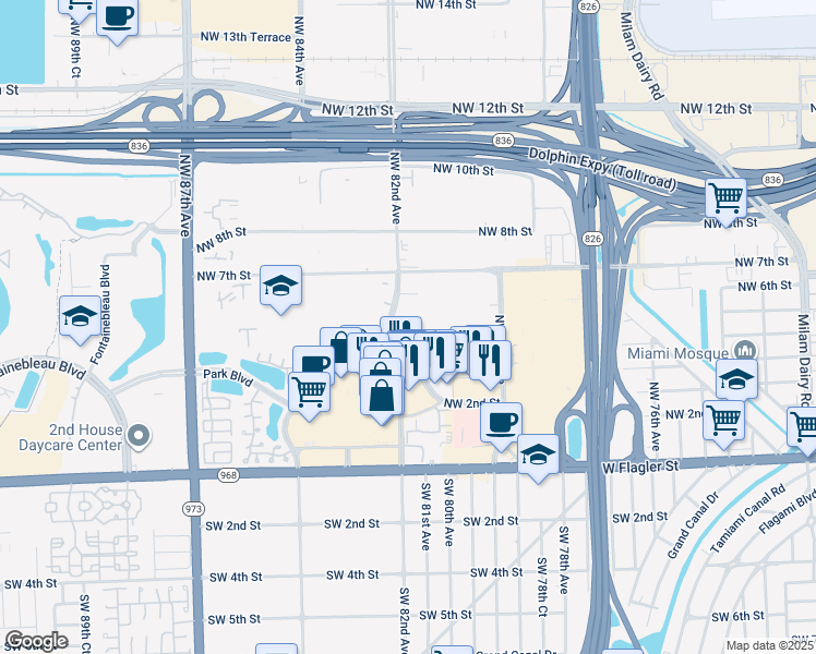 map of restaurants, bars, coffee shops, grocery stores, and more near 471 Northwest 82nd Avenue in Miami