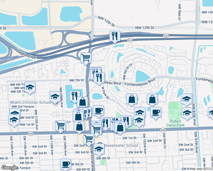 map of restaurants, bars, coffee shops, grocery stores, and more near 615 West Park Drive in Miami