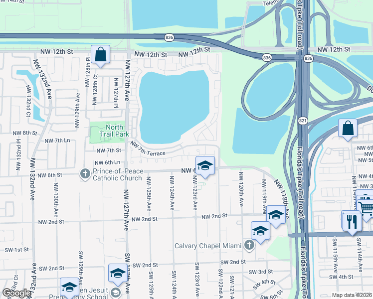 map of restaurants, bars, coffee shops, grocery stores, and more near 705 Northwest 123rd Avenue in Miami