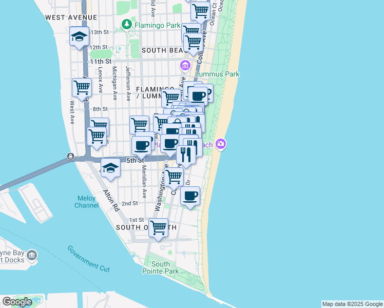 map of restaurants, bars, coffee shops, grocery stores, and more near 500 Ocean Drive in Miami Beach