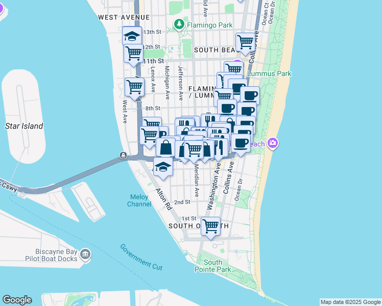 map of restaurants, bars, coffee shops, grocery stores, and more near 741 5th Street in Miami Beach