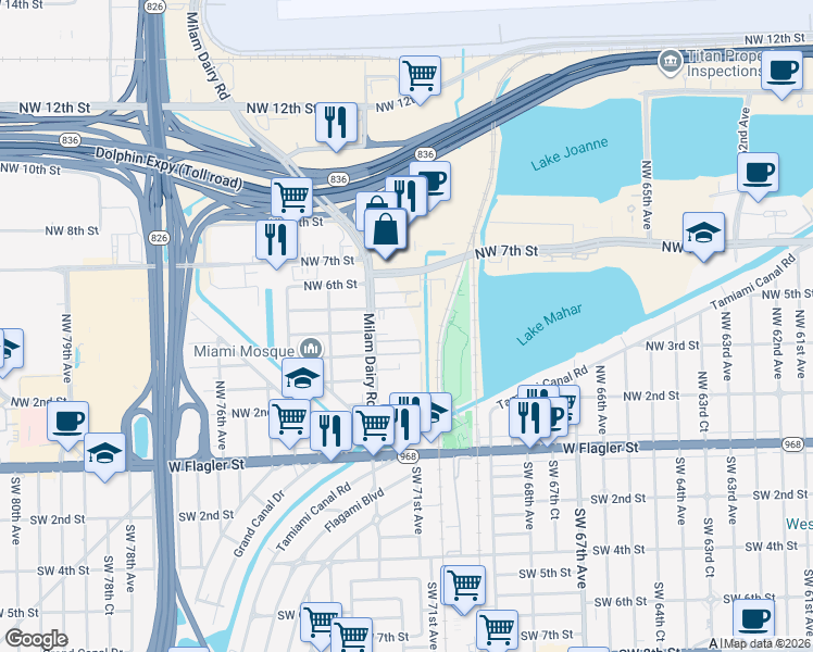 map of restaurants, bars, coffee shops, grocery stores, and more near 399 Northwest 72nd Avenue in Miami
