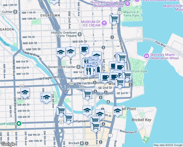 map of restaurants, bars, coffee shops, grocery stores, and more near 17 Northwest Miami Court in Miami