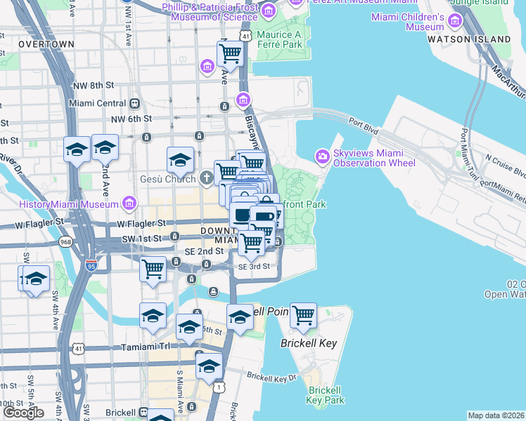 map of restaurants, bars, coffee shops, grocery stores, and more near 3 Northeast 3rd Avenue in Miami
