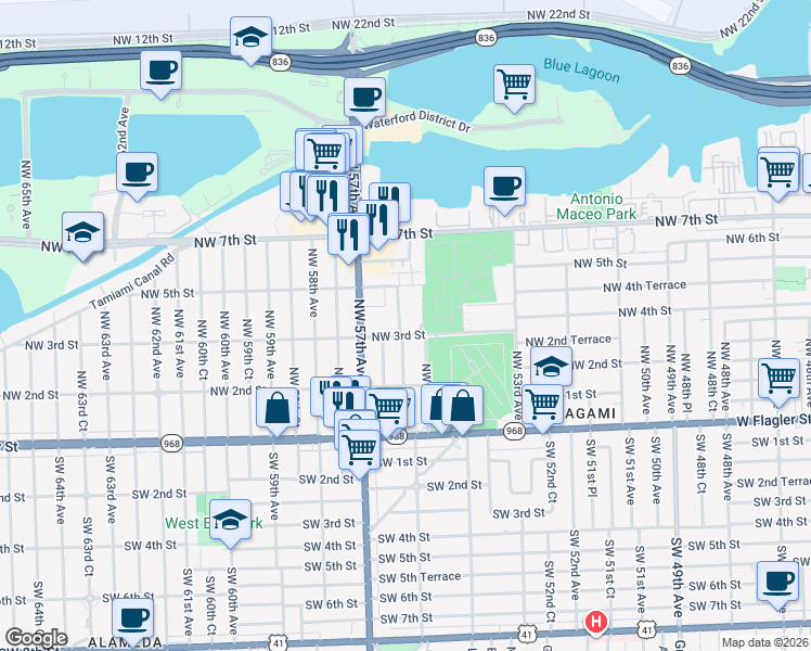 map of restaurants, bars, coffee shops, grocery stores, and more near 5525 Northwest 3rd Street in Miami