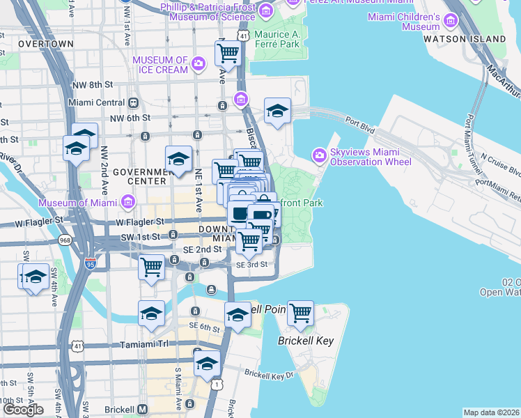 map of restaurants, bars, coffee shops, grocery stores, and more near 50 Biscayne Boulevard in Miami