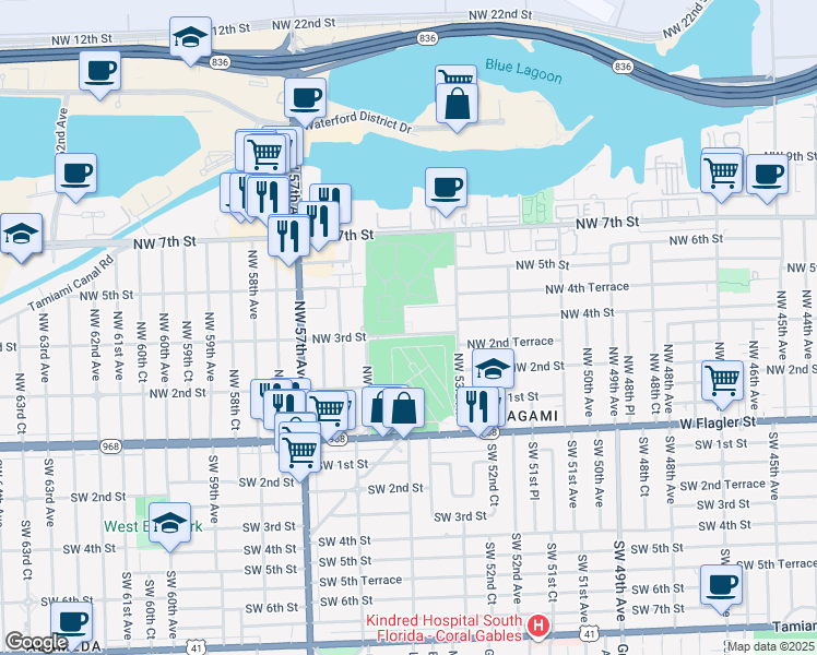 map of restaurants, bars, coffee shops, grocery stores, and more near 5461 Northwest 3rd Street in Miami
