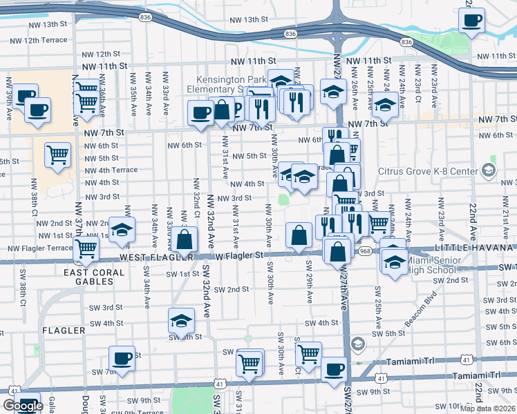 map of restaurants, bars, coffee shops, grocery stores, and more near 140 Northwest 30th Avenue in Miami