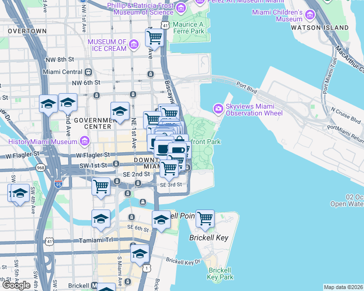 map of restaurants, bars, coffee shops, grocery stores, and more near 52 Biscayne Boulevard in Miami