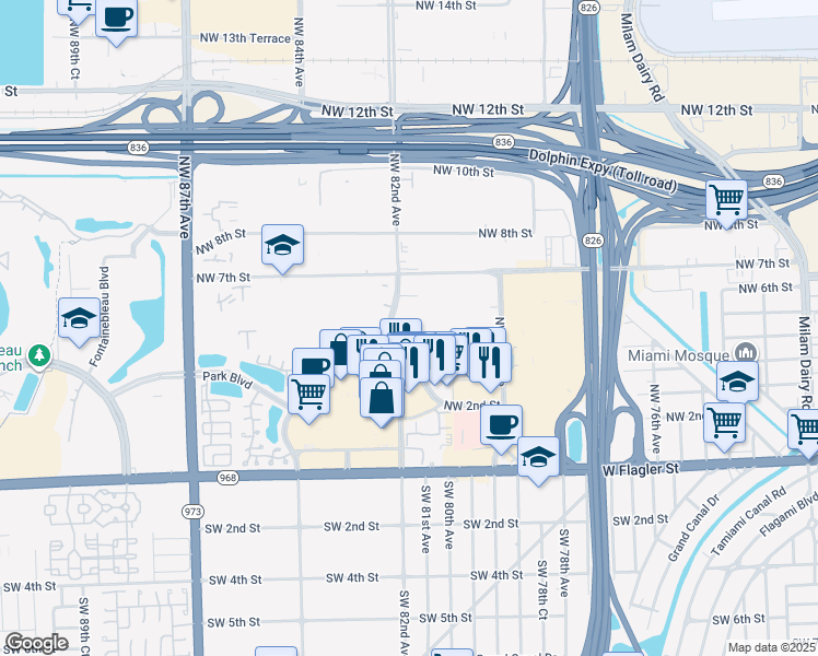 map of restaurants, bars, coffee shops, grocery stores, and more near 471 Northwest 82nd Avenue in Miami
