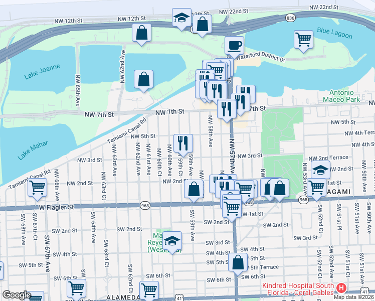 map of restaurants, bars, coffee shops, grocery stores, and more near 5901 Northwest 3rd Street in Miami