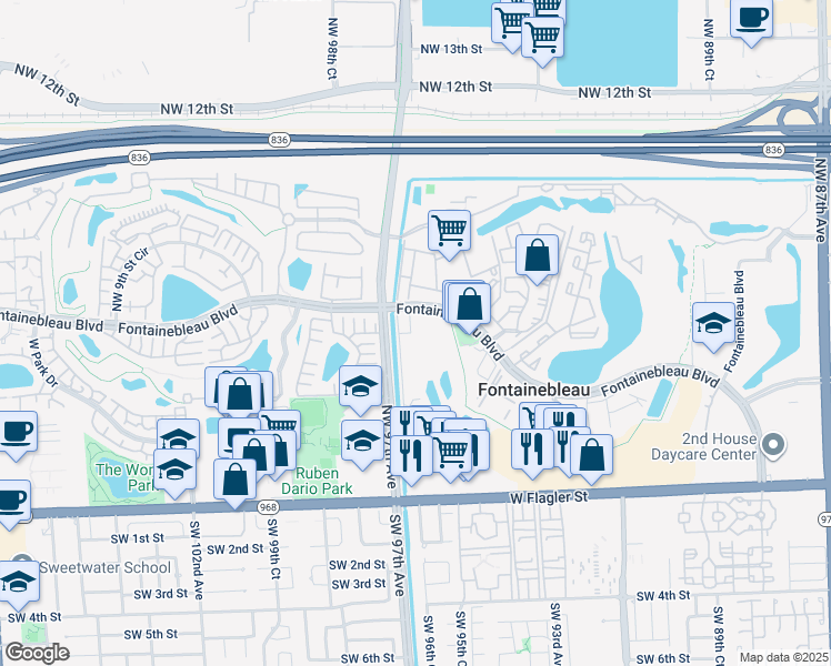 map of restaurants, bars, coffee shops, grocery stores, and more near 9650 Fontainebleau Boulevard in Miami