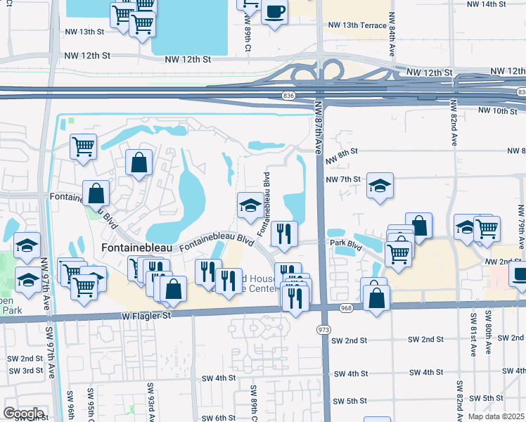 map of restaurants, bars, coffee shops, grocery stores, and more near 8871 Fontainebleau Boulevard in Miami