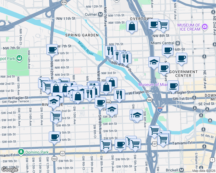 map of restaurants, bars, coffee shops, grocery stores, and more near 711 Northwest 1st Street in Miami