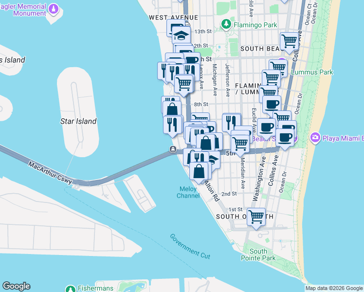 map of restaurants, bars, coffee shops, grocery stores, and more near in Miami Beach