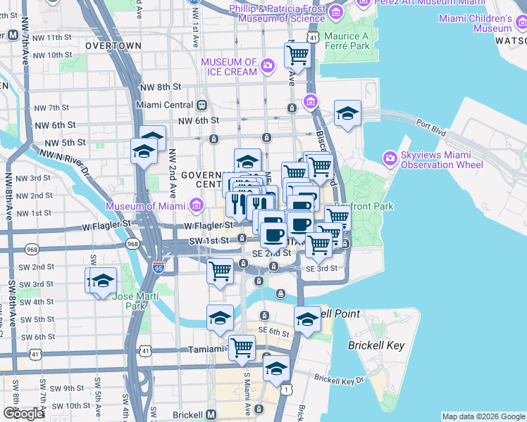 map of restaurants, bars, coffee shops, grocery stores, and more near 27 East Flagler Street in Miami