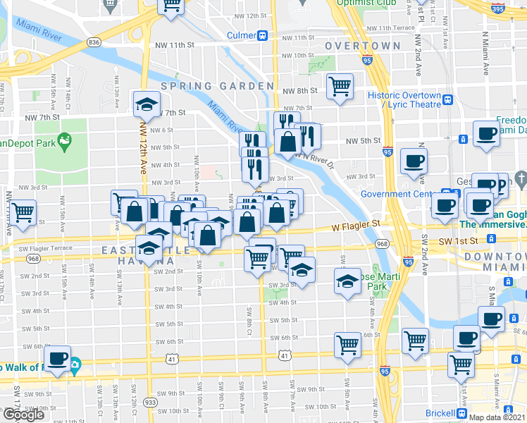map of restaurants, bars, coffee shops, grocery stores, and more near 809 West Flagler Street in Miami