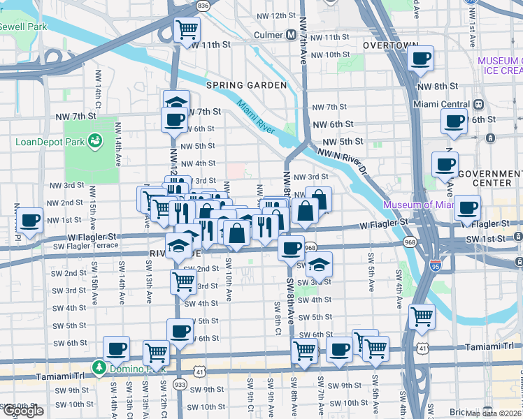 map of restaurants, bars, coffee shops, grocery stores, and more near 876 Northwest 1st Street in Miami