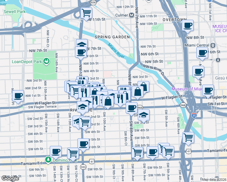 map of restaurants, bars, coffee shops, grocery stores, and more near 876 Northwest 1st Street in Miami