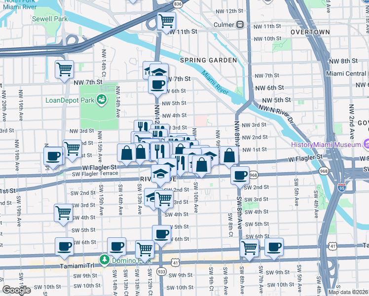 map of restaurants, bars, coffee shops, grocery stores, and more near 1055 Northwest 1st Street in Miami