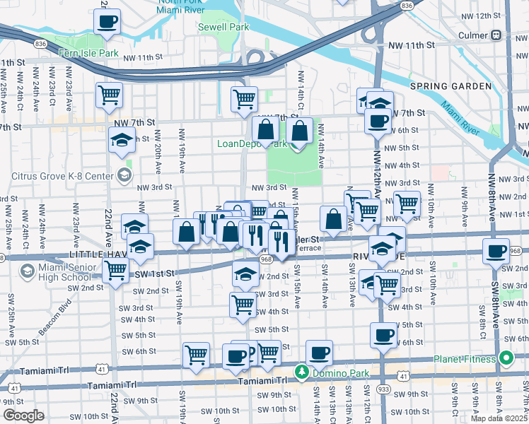 map of restaurants, bars, coffee shops, grocery stores, and more near 100 Northwest 16th Avenue in Miami