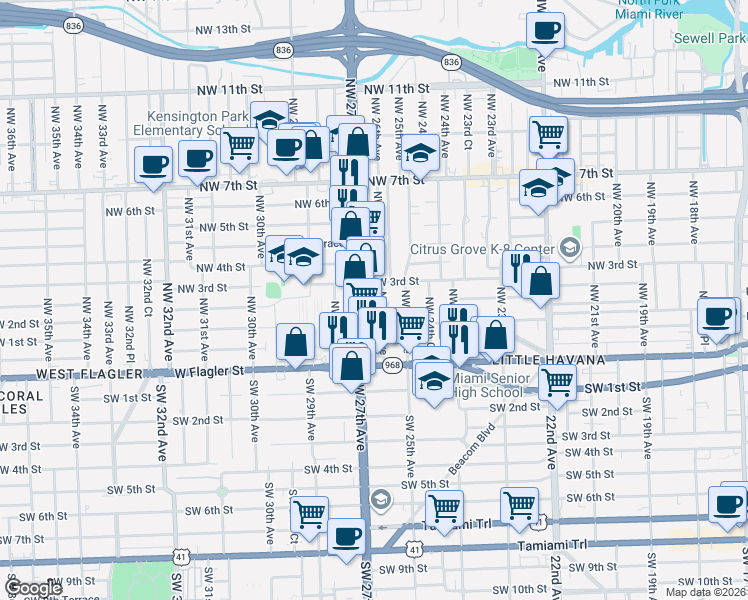 map of restaurants, bars, coffee shops, grocery stores, and more near 135 Northwest 26th Avenue in Miami