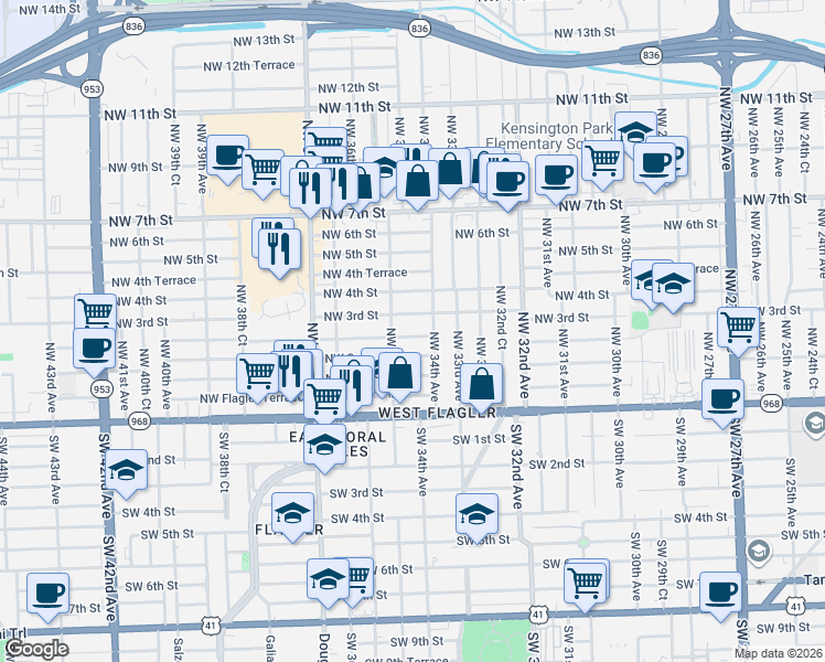 map of restaurants, bars, coffee shops, grocery stores, and more near 3430 Northwest 2nd Terrace in Miami