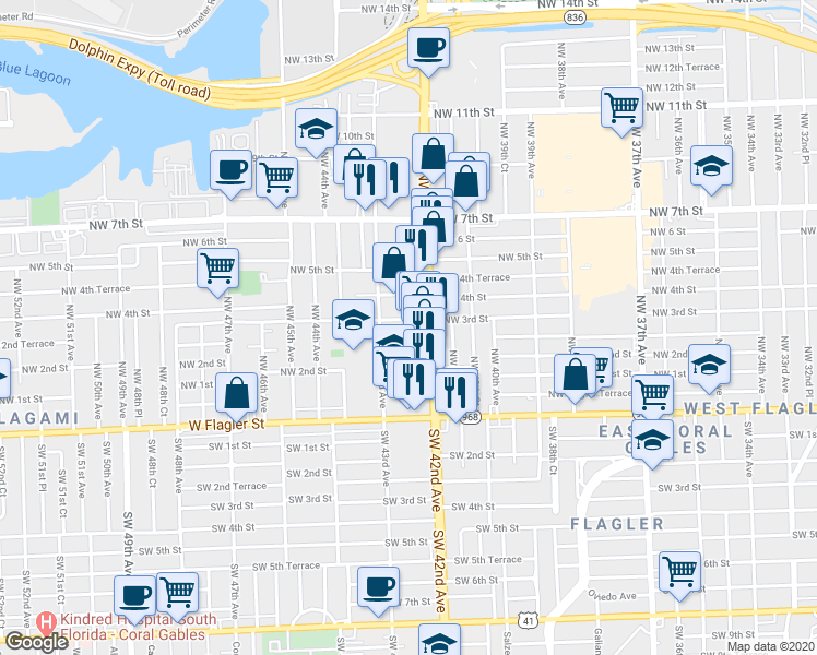 map of restaurants, bars, coffee shops, grocery stores, and more near 4255 Northwest 2nd Terrace in Miami