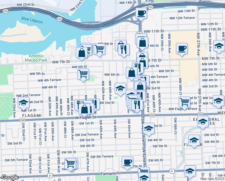 map of restaurants, bars, coffee shops, grocery stores, and more near 283 Northwest 44th Avenue in Miami