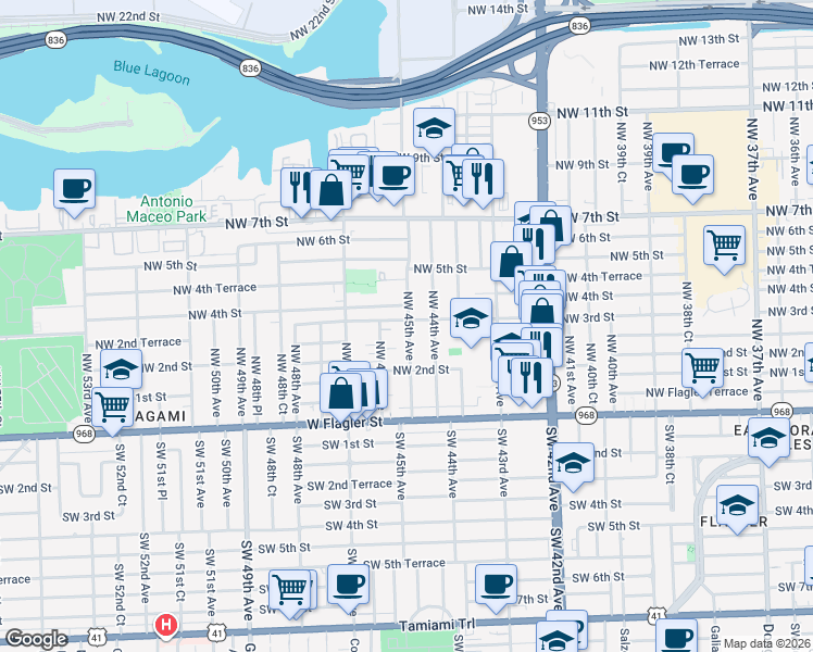 map of restaurants, bars, coffee shops, grocery stores, and more near 274 Northwest 45th Avenue in Miami