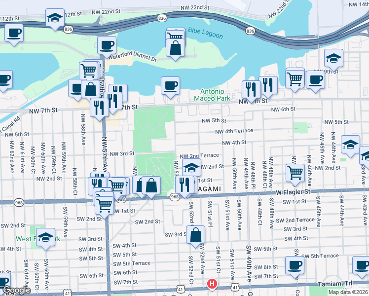 map of restaurants, bars, coffee shops, grocery stores, and more near 5271 Northwest 2nd Terrace in Miami