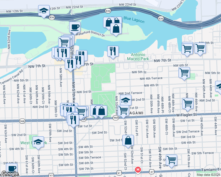 map of restaurants, bars, coffee shops, grocery stores, and more near 5365 Northwest 3rd Street in Miami